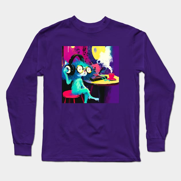 Hip Blue Cat Enjoys Some Music with a Cup of Coffee Long Sleeve T-Shirt by Star Scrunch